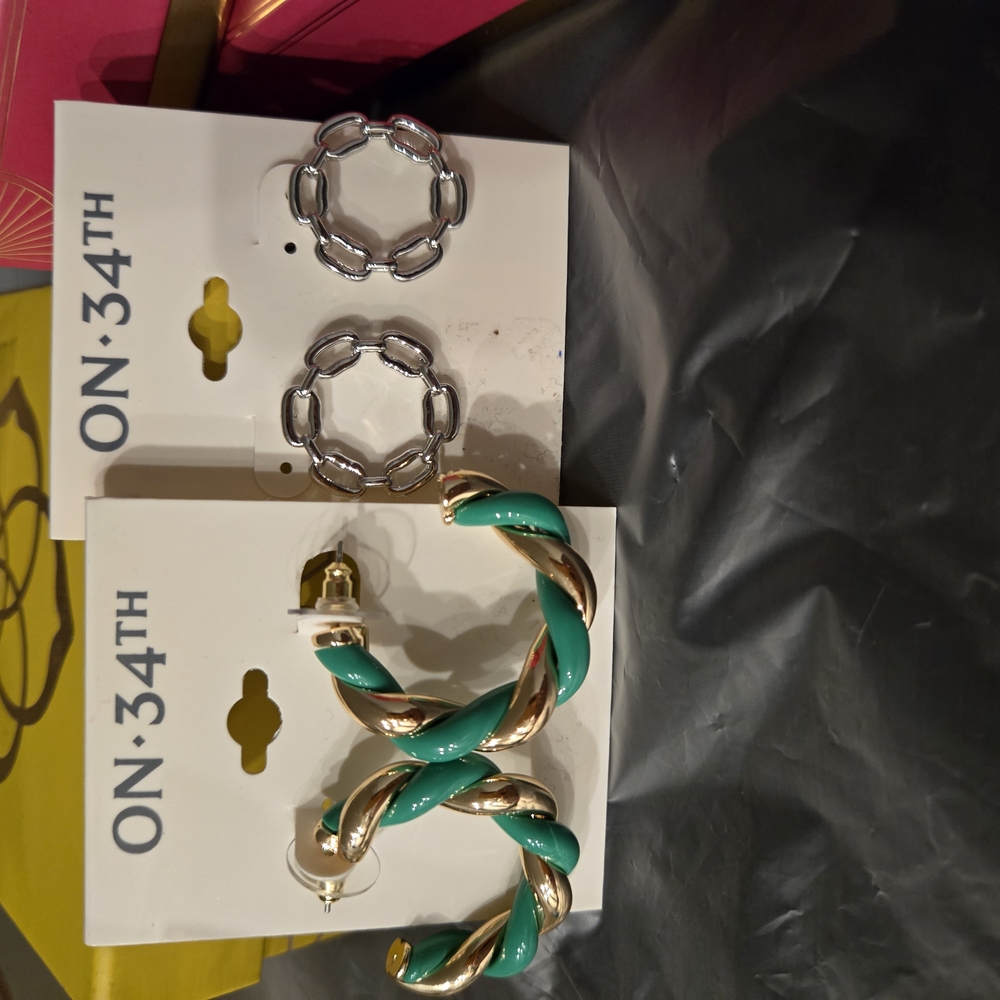 NWT Silver Round And Silver and Green Hoop Earrings